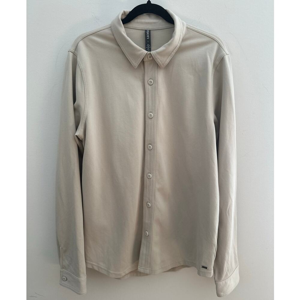 Vuori Men's Knit Button Down Shirt Beige Long Sleeve Stretch Large V262